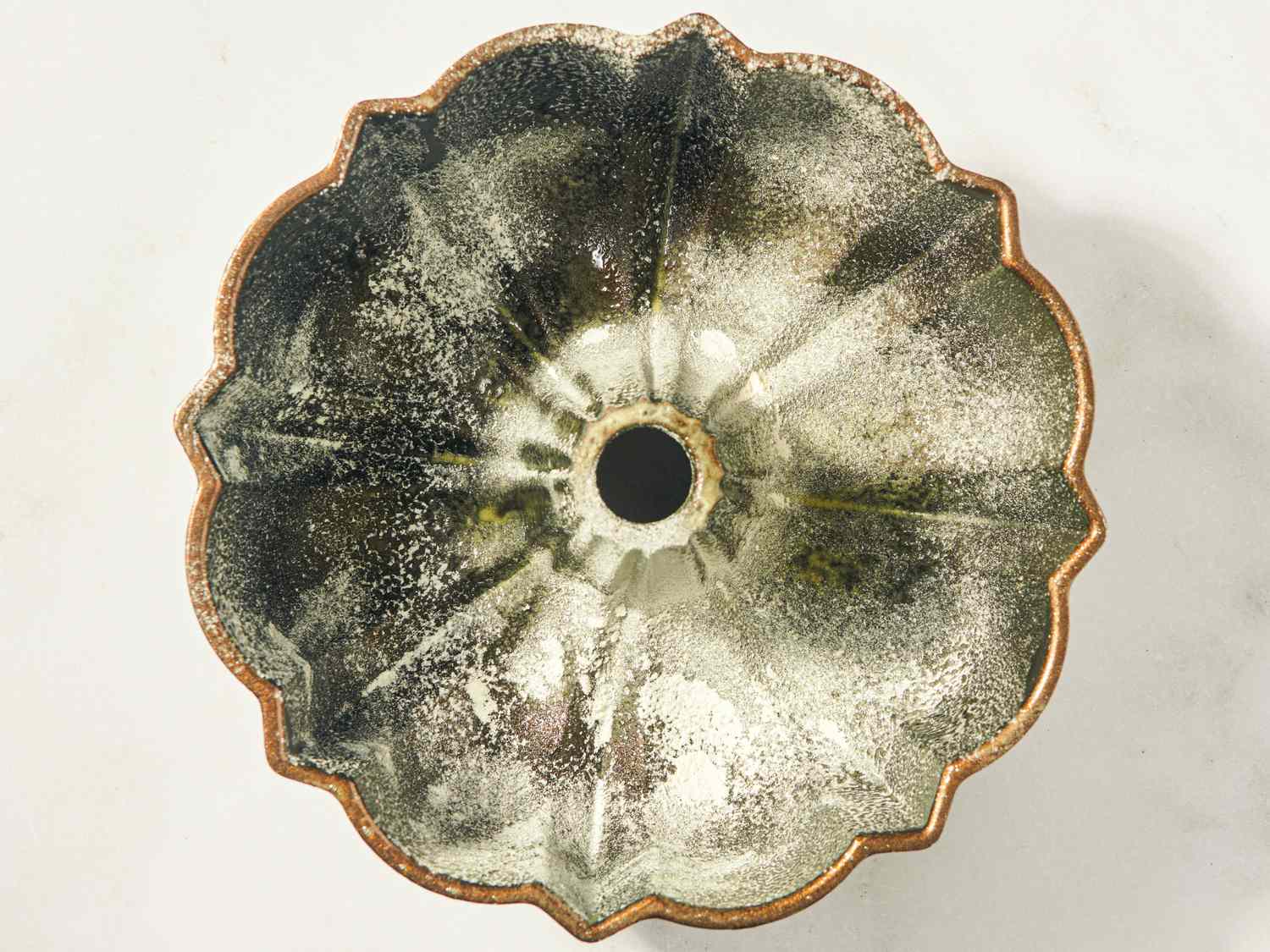 Bundt cake mold with splattered pattern viewed from above