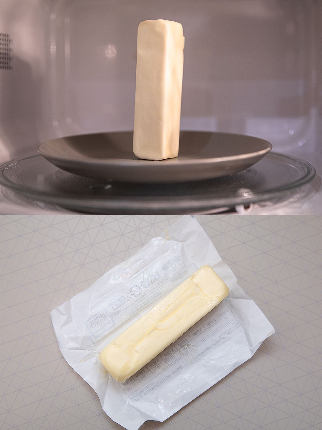 Two image collage of a stick of butter in the mircowave and a stick of butter warming on the counter