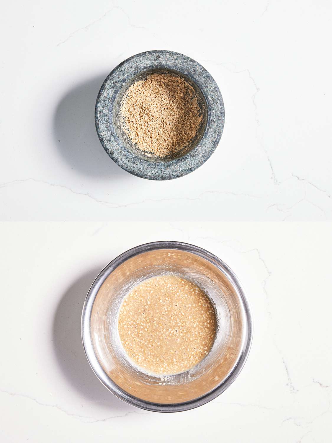 Two Image Collage. Top: Nuts and Seeds ground in a mortar. Bottom: Seeds mixed in with lard