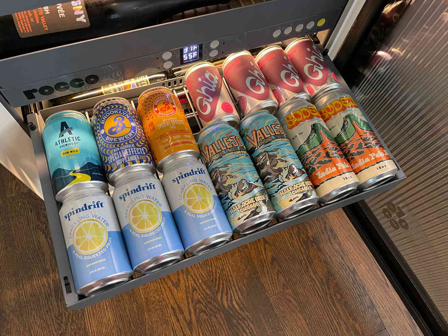one of the rocco shelves pulled out to show beer and NA drinks