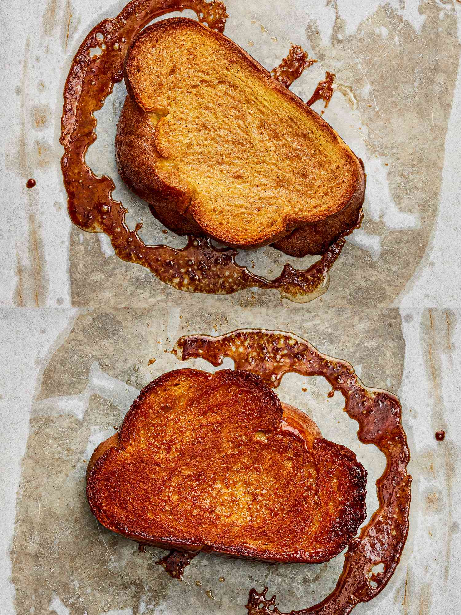 Two image collage of honey butter toast cooking