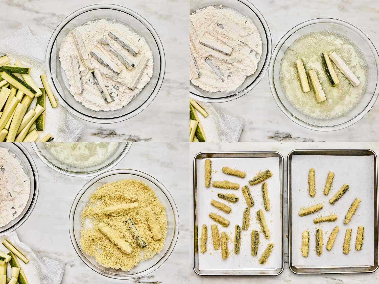 4 image collage. Top Left: Zucchini dipped in bowl of flour. Top Right: dredging zucchini in bowl of egg whites. Bottom Left: Pressing zucchini in bowl of panko. Bottom Right: uncooked zucchini fries on parchment paper lined baking sheets.
