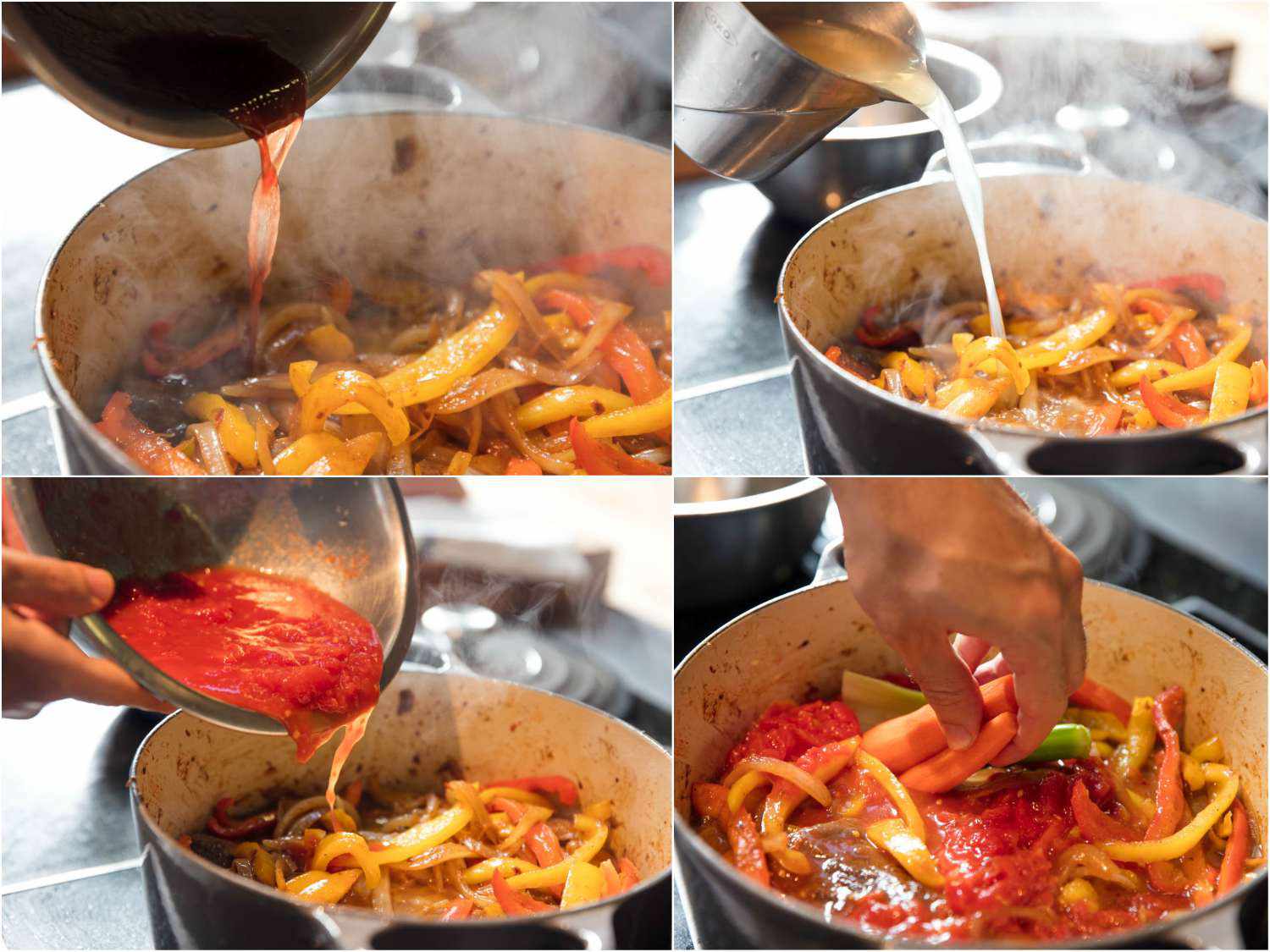 Photo collage of making ropa vieja: adding liquids to Dutch oven, adding tomatoes, adding large pieces of carrot.