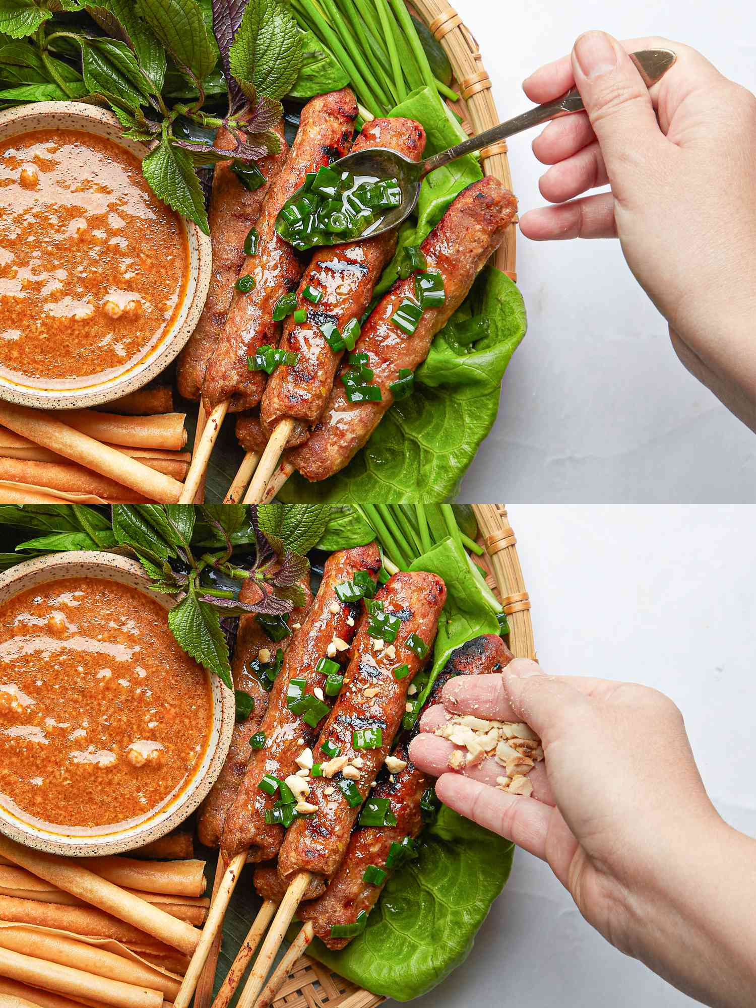 Two image collage of adding scallion oil and peanuts to skewers