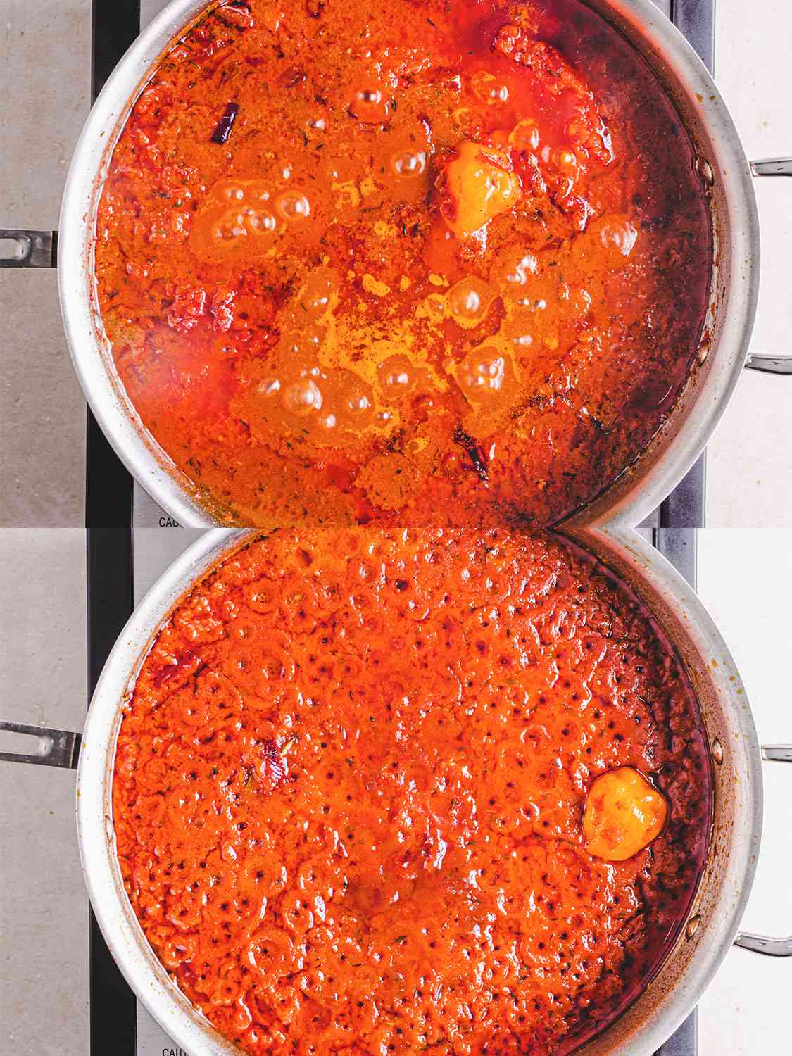 Two image collage of overhead view of oil pooling as stew base cooks down