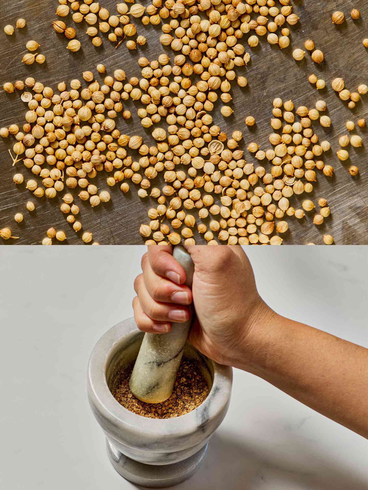 Two image collage of toasting and grinding coriander seeds