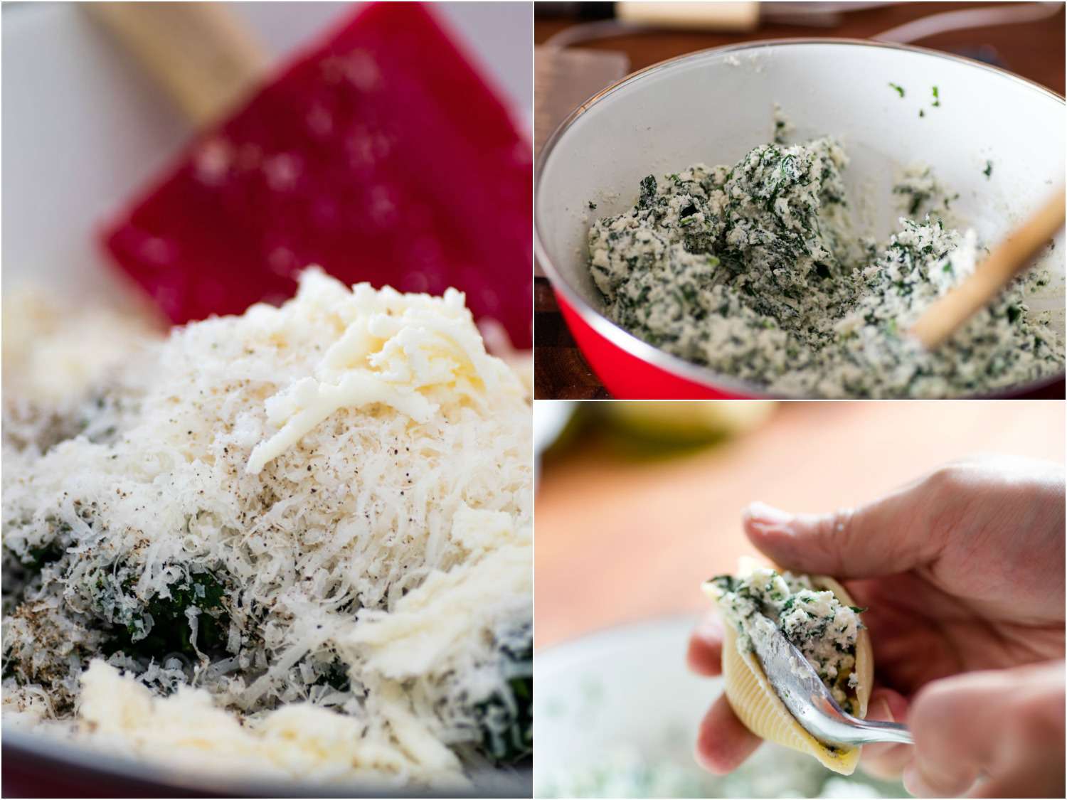 Three images: a close-up of ricotta, greens, mozzarella, Parmesan, garlic, and seasonings being added to a bowl; the filling ingredients being mixed together in the bowl with a spatula; author's hand holding a pasta shell in one hand and spooning filling into it with the other.