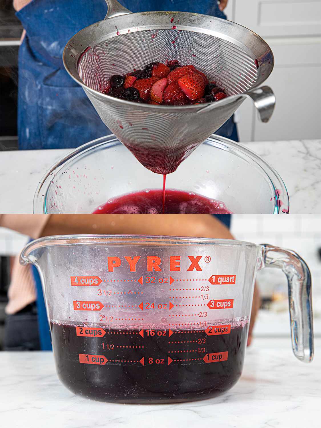 Two Image Collage of straining berries and measuring cup full of liquid