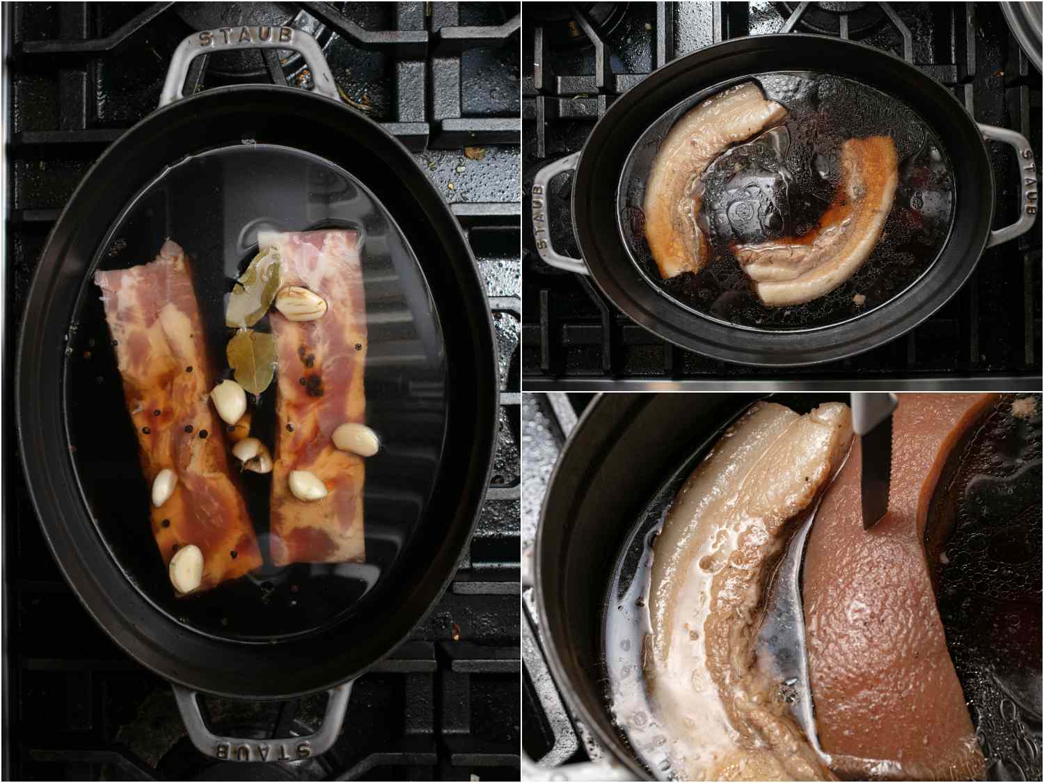 A three-image collage. The left image shows two pieces of pork belly submerged in water and aromatics. The top right image shows them cooked for 1 hour. The bottom right shows a knife piercing the skin to show doneness.