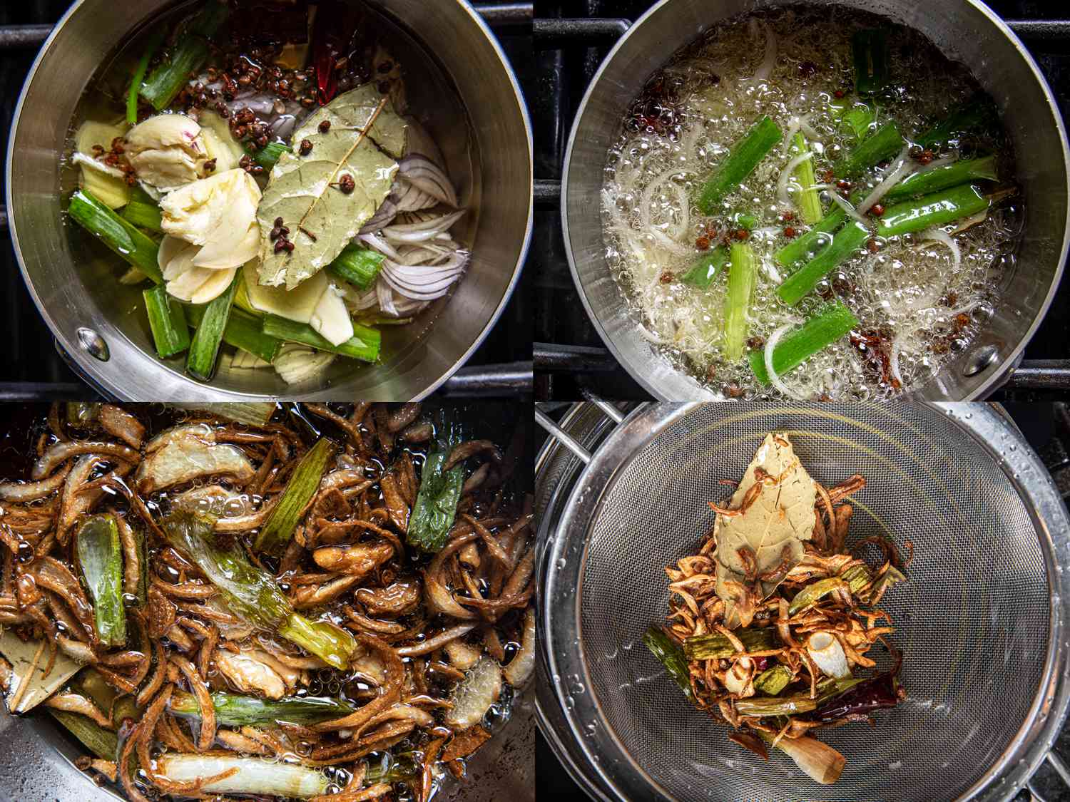 Four Image Collage. Top Right: Aromatics and spices in oil in pot on stovetop. Top Right: Oil boiling with ingredients. Bottom Left: Ingredients browned in oil. Bottom Right: Ingredients in a mesh strainer