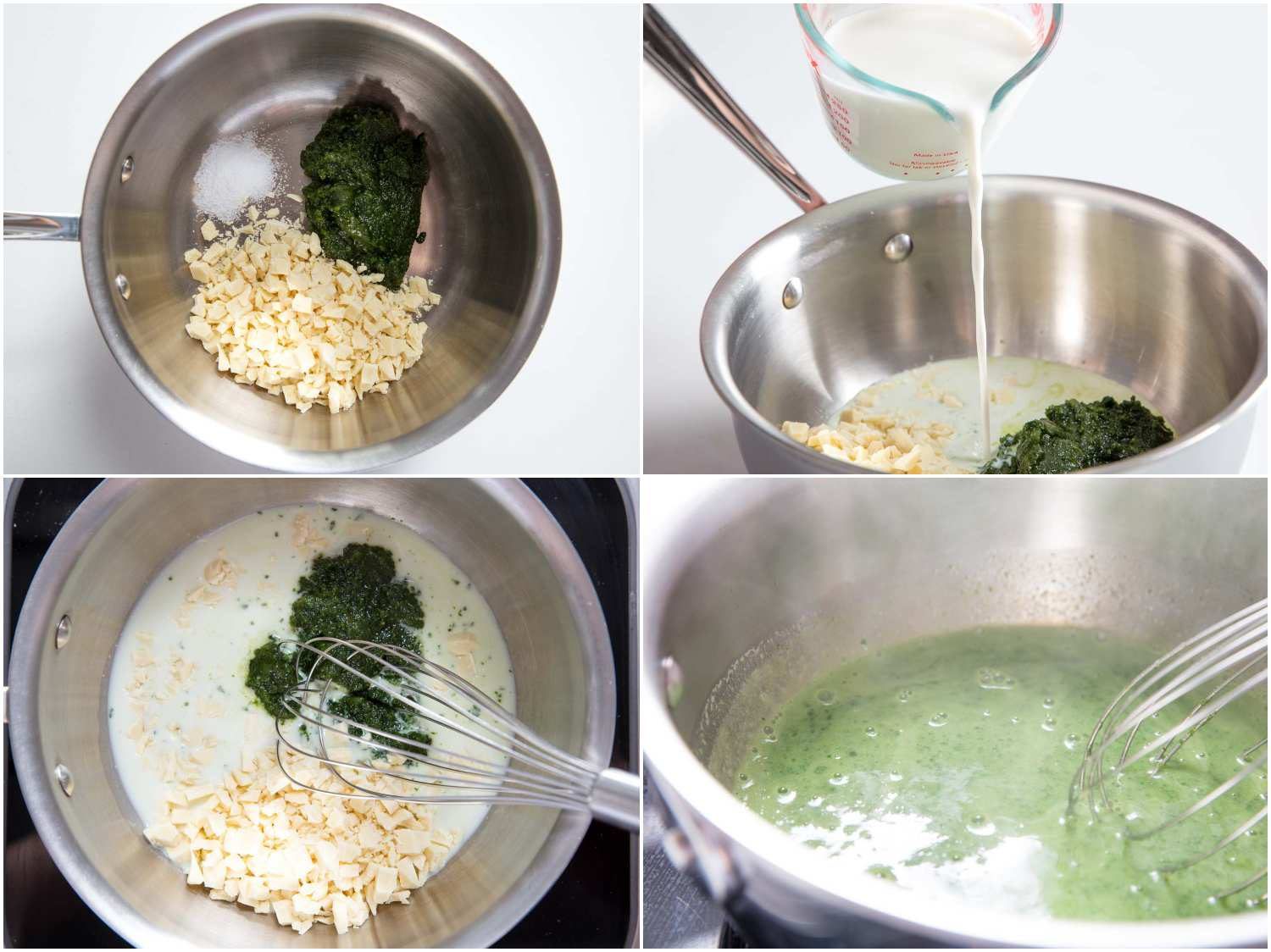 A four-image collage: The top left image shows the basil-sugar mixture, white chocolate and sugar in a saucepan. The top right image shows milking pouring into the mixture. The bottom left image shows whisking the mixture. The bottom right image shows the mixture is being whisked and dissolved. 