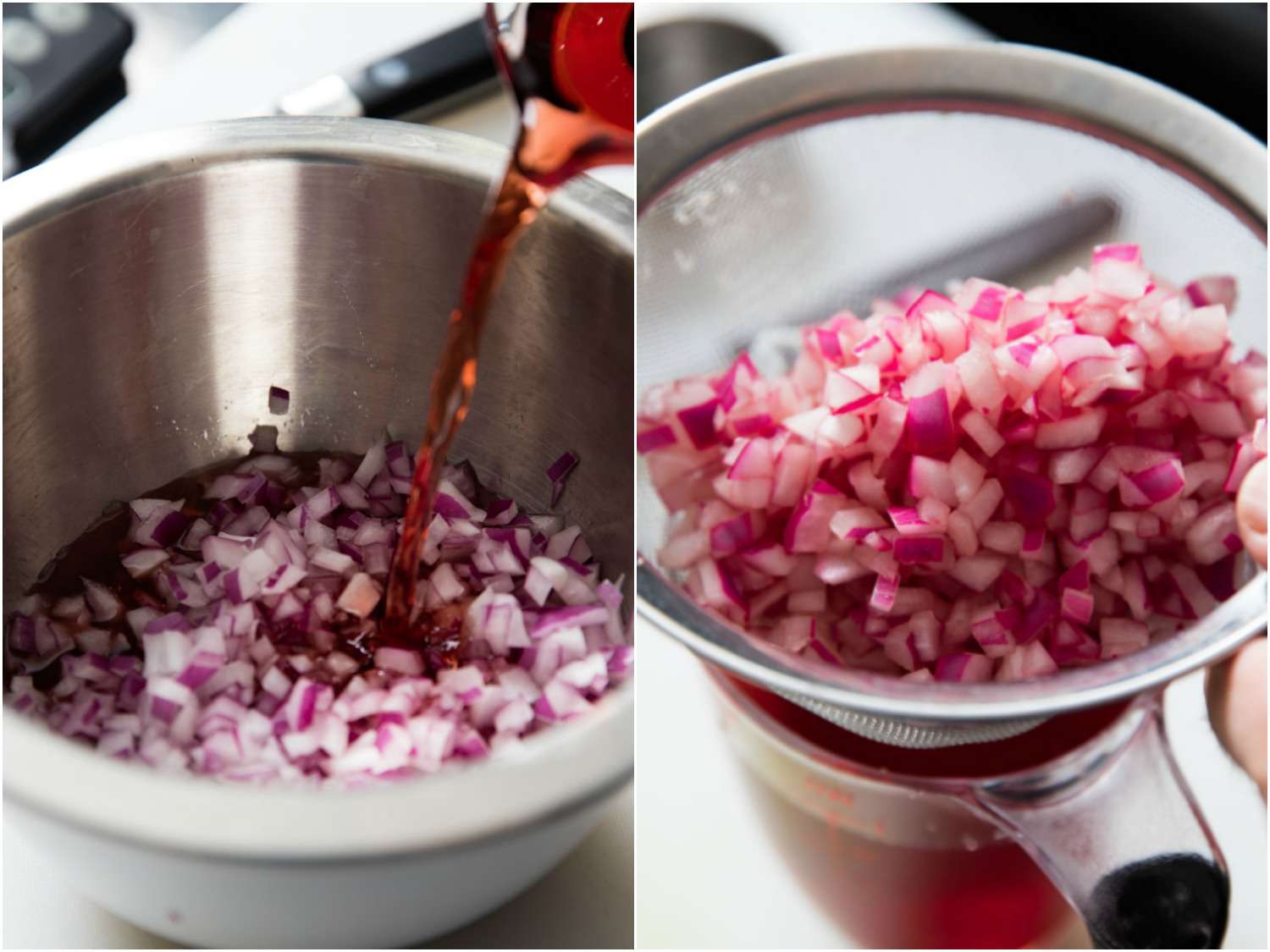 A collage: pouring red wine vinegar into a mixing bowl of diced onion and straining the onion. 