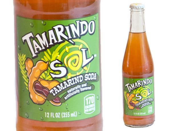 Closeup of a bottle of Sol tamarind soda.