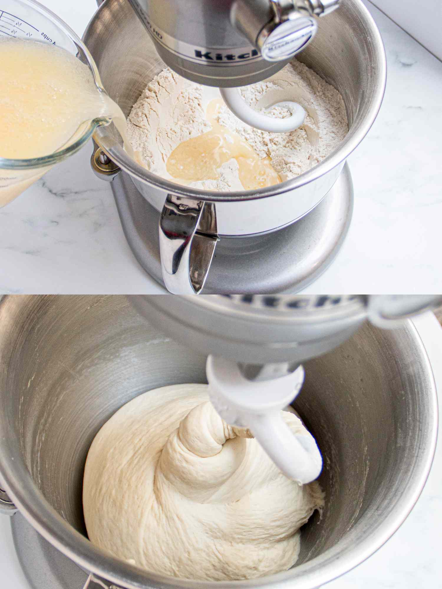 Two image collage of mixing dough in stand mixer bowl