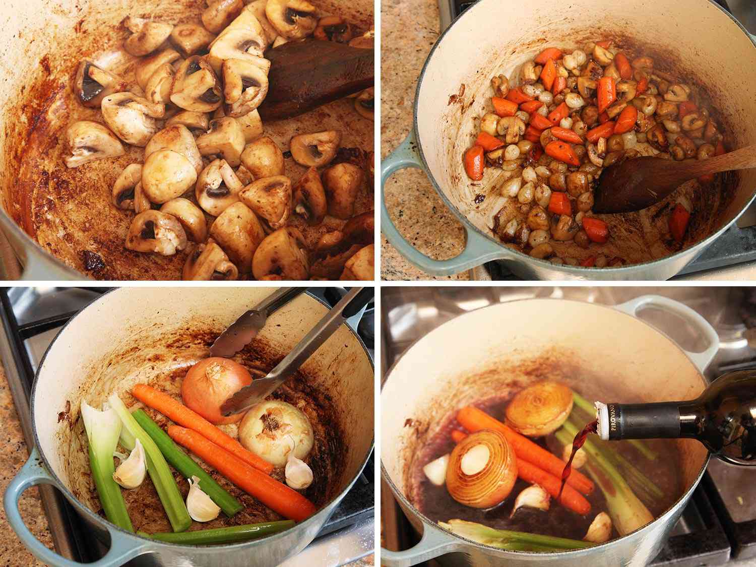 Photo collage showing sautéing mushrooms, sautéing carrots and onions, and searing aromatic vegetables in a Dutch oven for All-American beef stew.