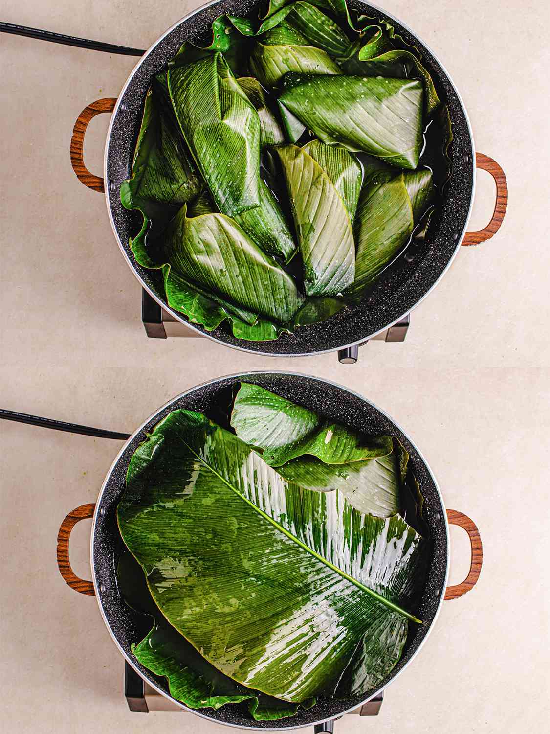 Two image collage of overhead view of moin moin in a pot before and after being covered with a leaf