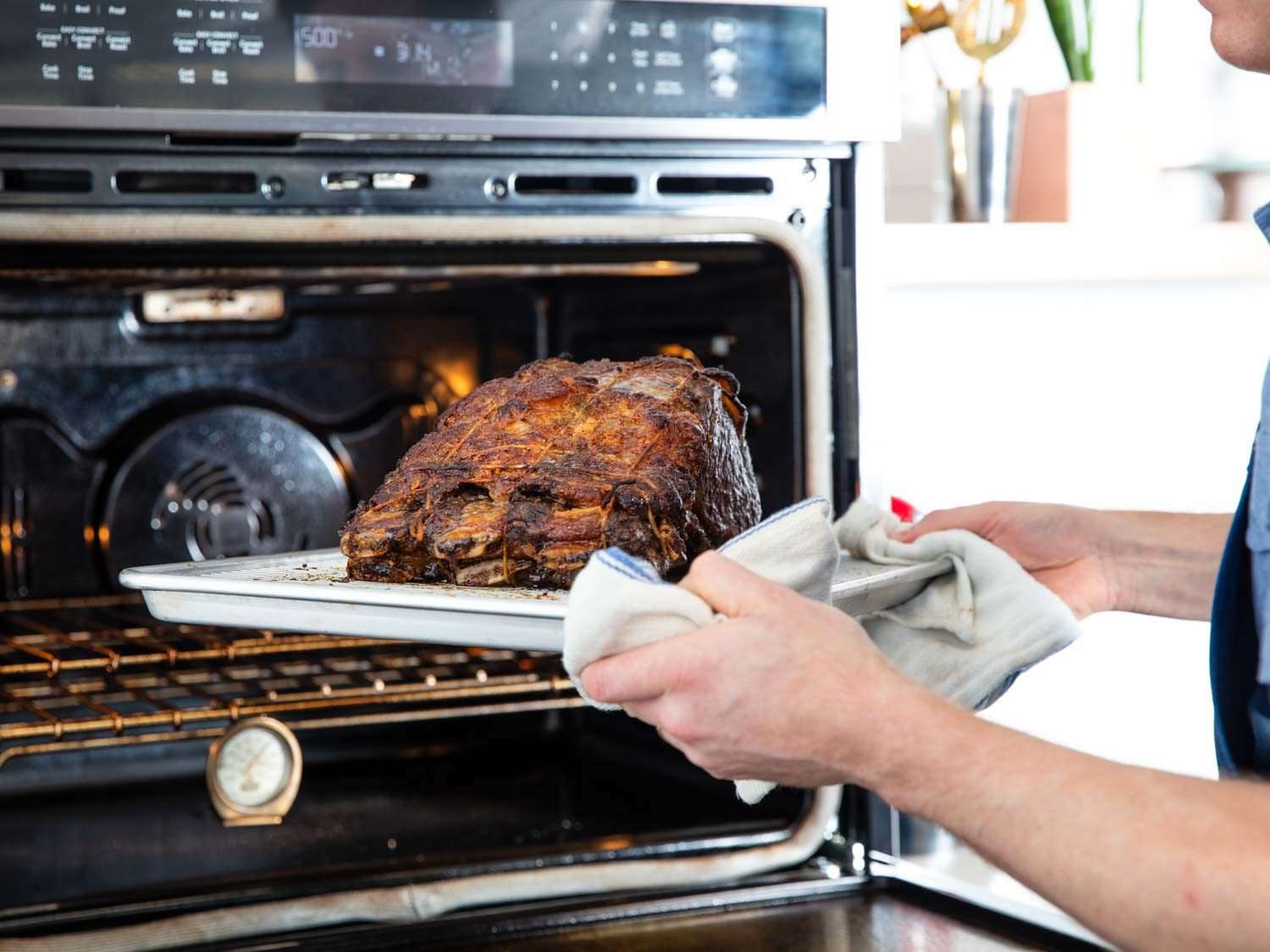 A prime rib roast is being removed from an oven.