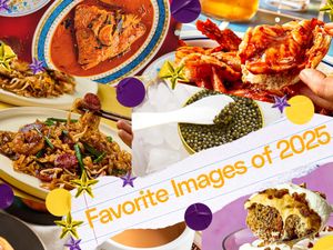 A collage of diverse dishes including seafood meat caviar and dessert