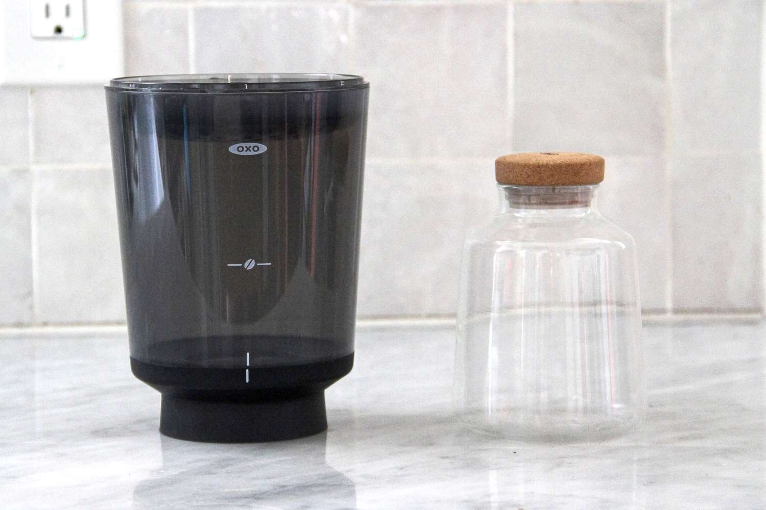 The OXO cold brew maker on a marble countertop.