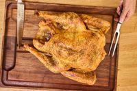 A fully-cooked Williams Sonoma Willie Bird Turkey on a cutting board