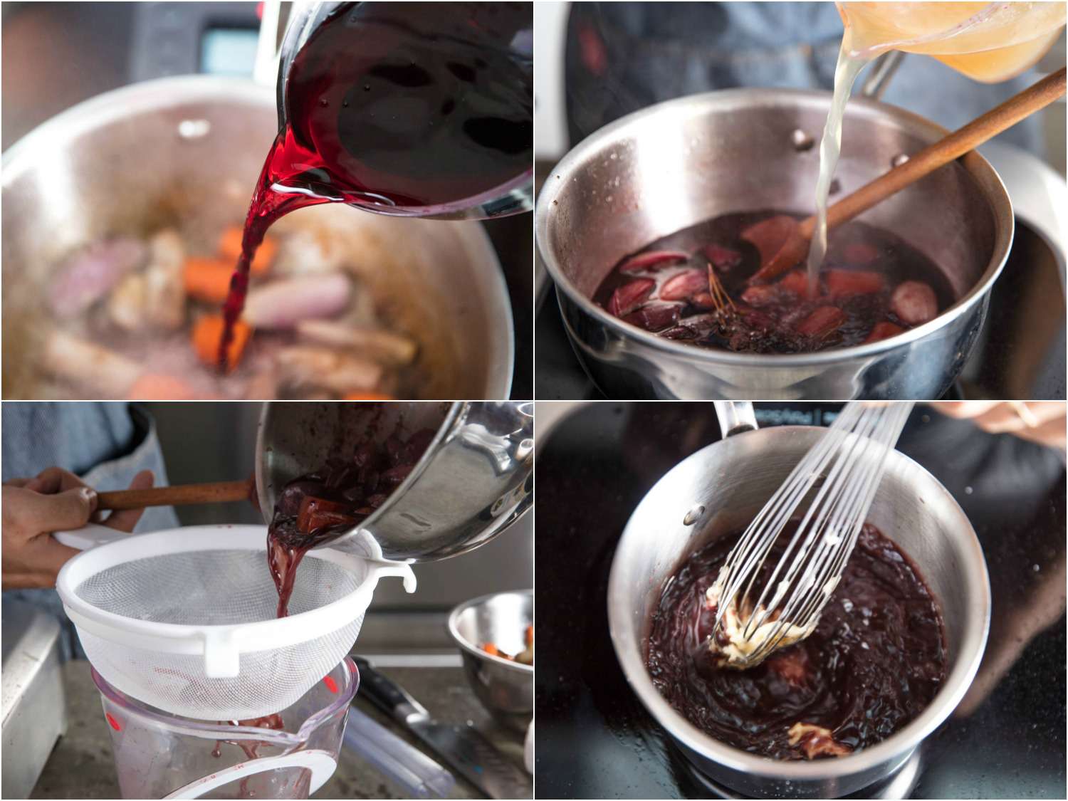 Collage: adding wine to browned vegetables, adding chicken stock, straining the wine sauce to discard solids and whisking flour/butter mixture into the wine sauce. 