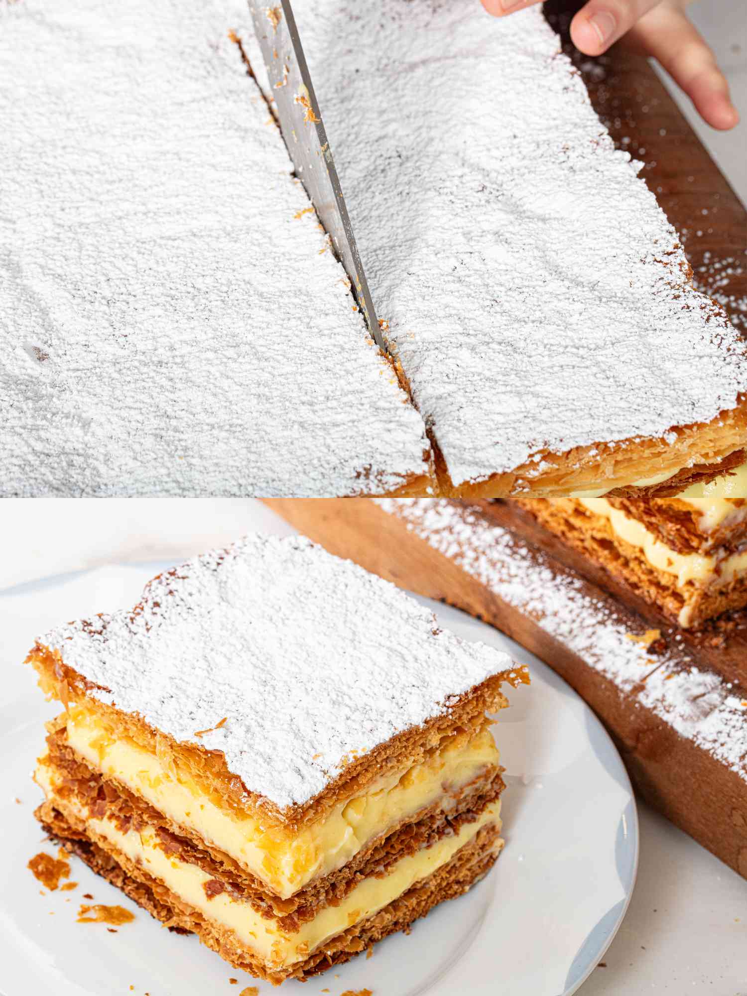 Two image collage of mille feuille