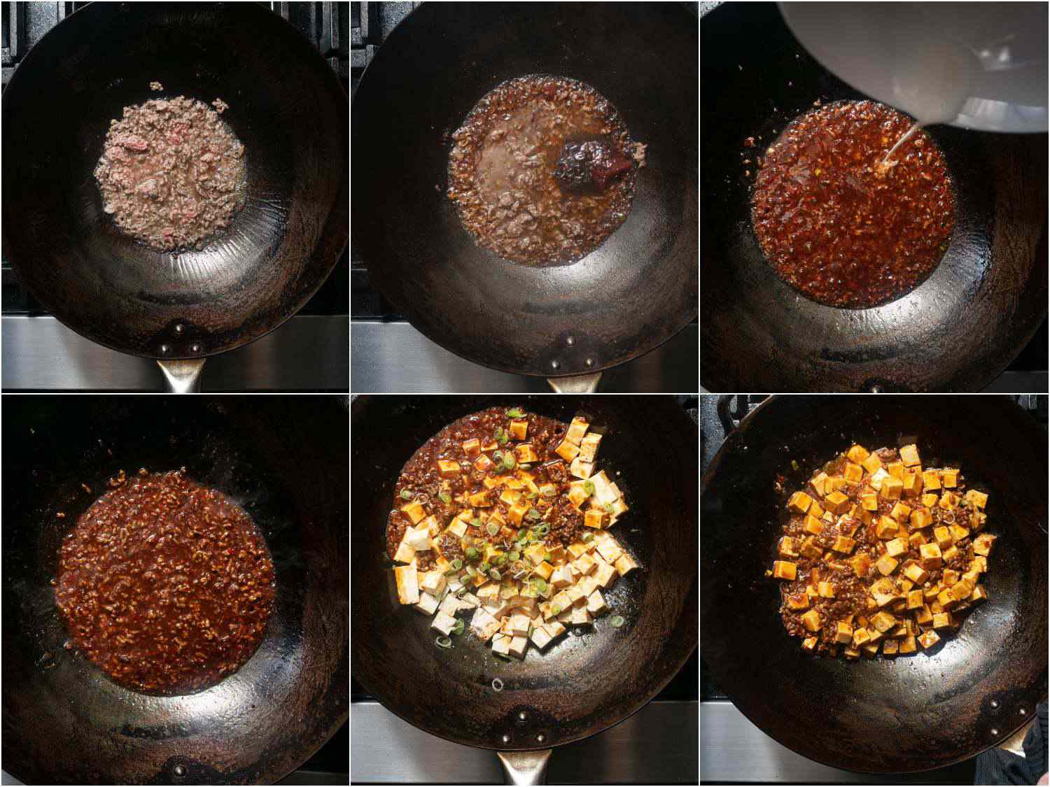 Collage of various steps involved in preparing mapo tofu in a wok: adding chili bean paste to ground beef, adding cornstarch slurry, simmering, adding tofu..