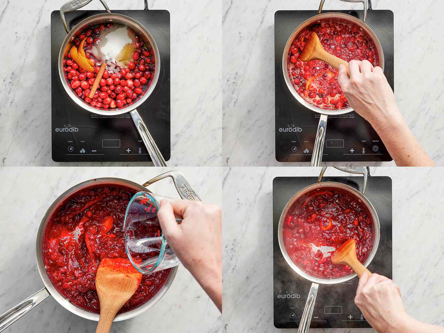 Four Image collage of ingredients for cranberry sauce being added to a saucepan and cooking on a hot plate