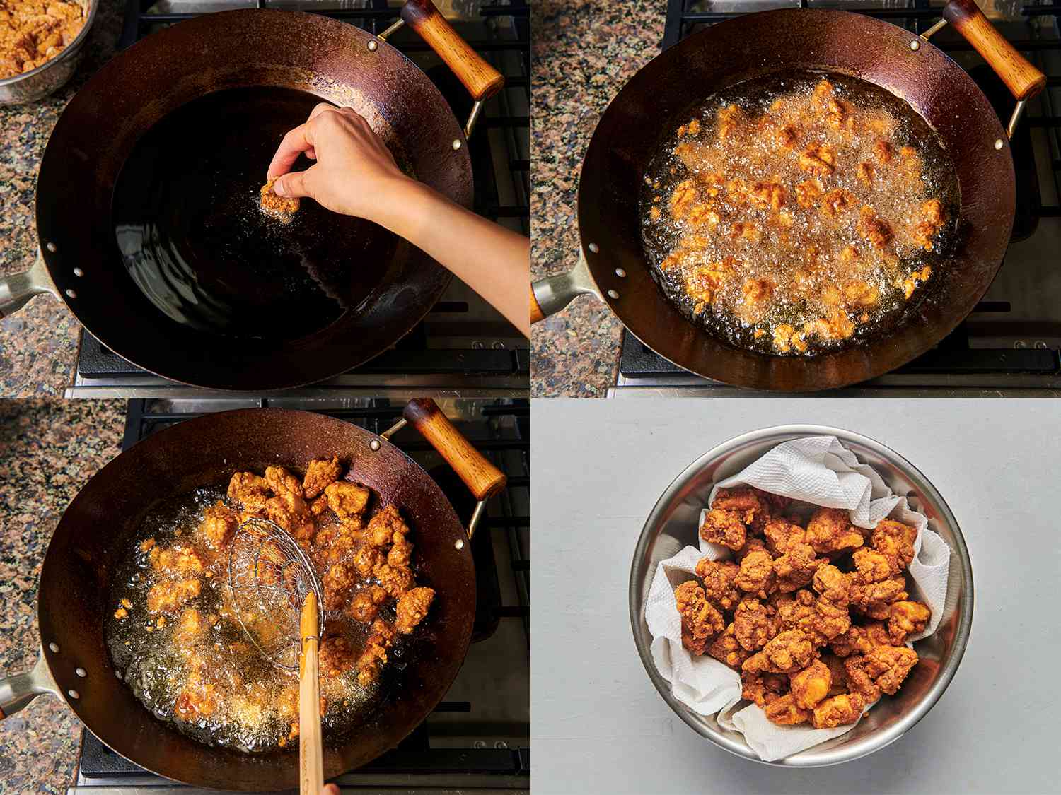 A four-image collage. The top left image shows a hand carefully lowering a single piece of coated chicken into the hot oil inside of the wok. The top right image shows all of the chicken pieces added to the oil. The bottom left image shows the frying chicken being agitated in the oil by a wooden spider (a type of flat, wire whisk). The bottom right image shows the very crispy, fried chicken added to a paper towel lined metal bowl.