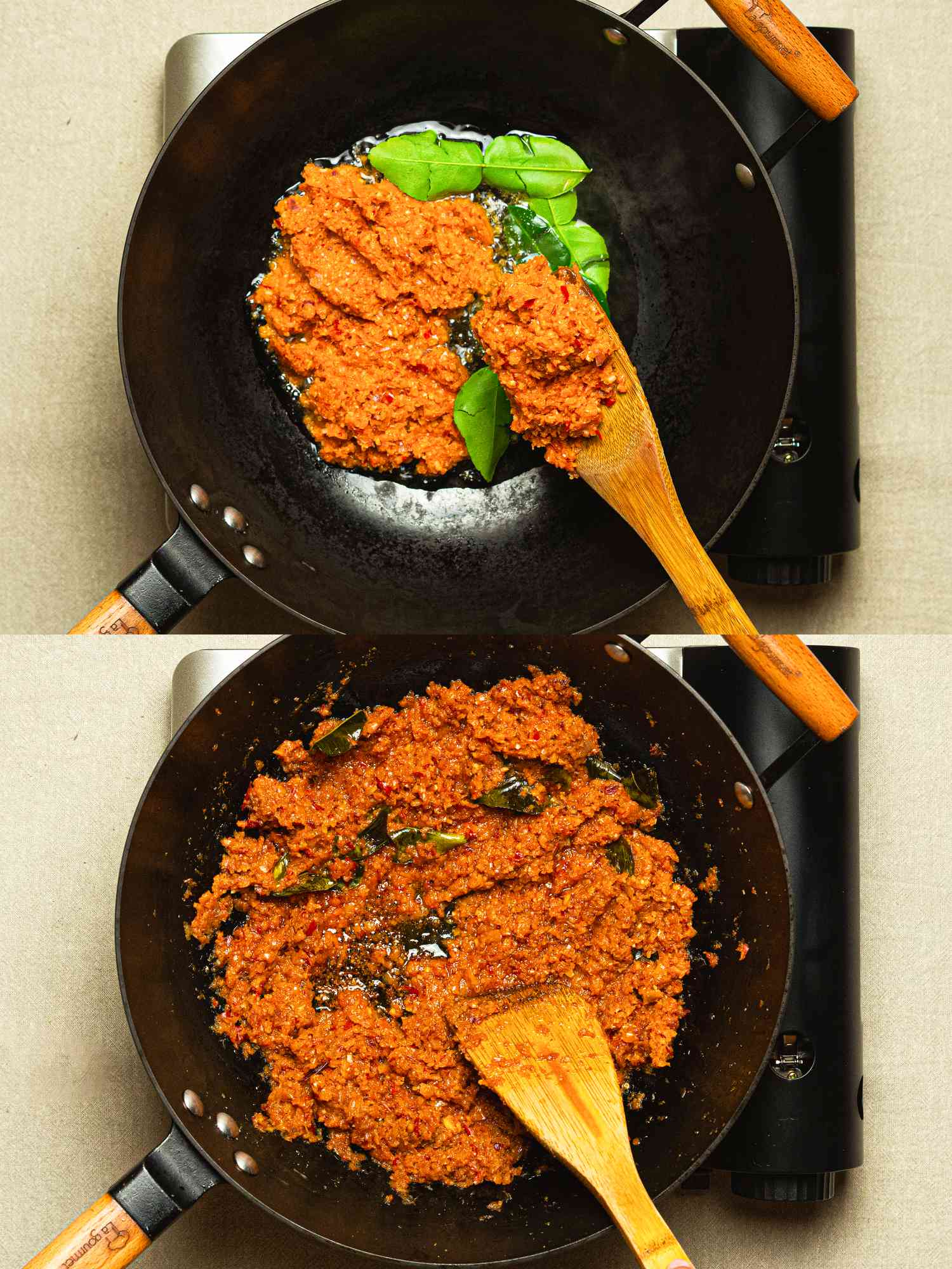 Two image collage of cooking sambal and lime leaves in wok