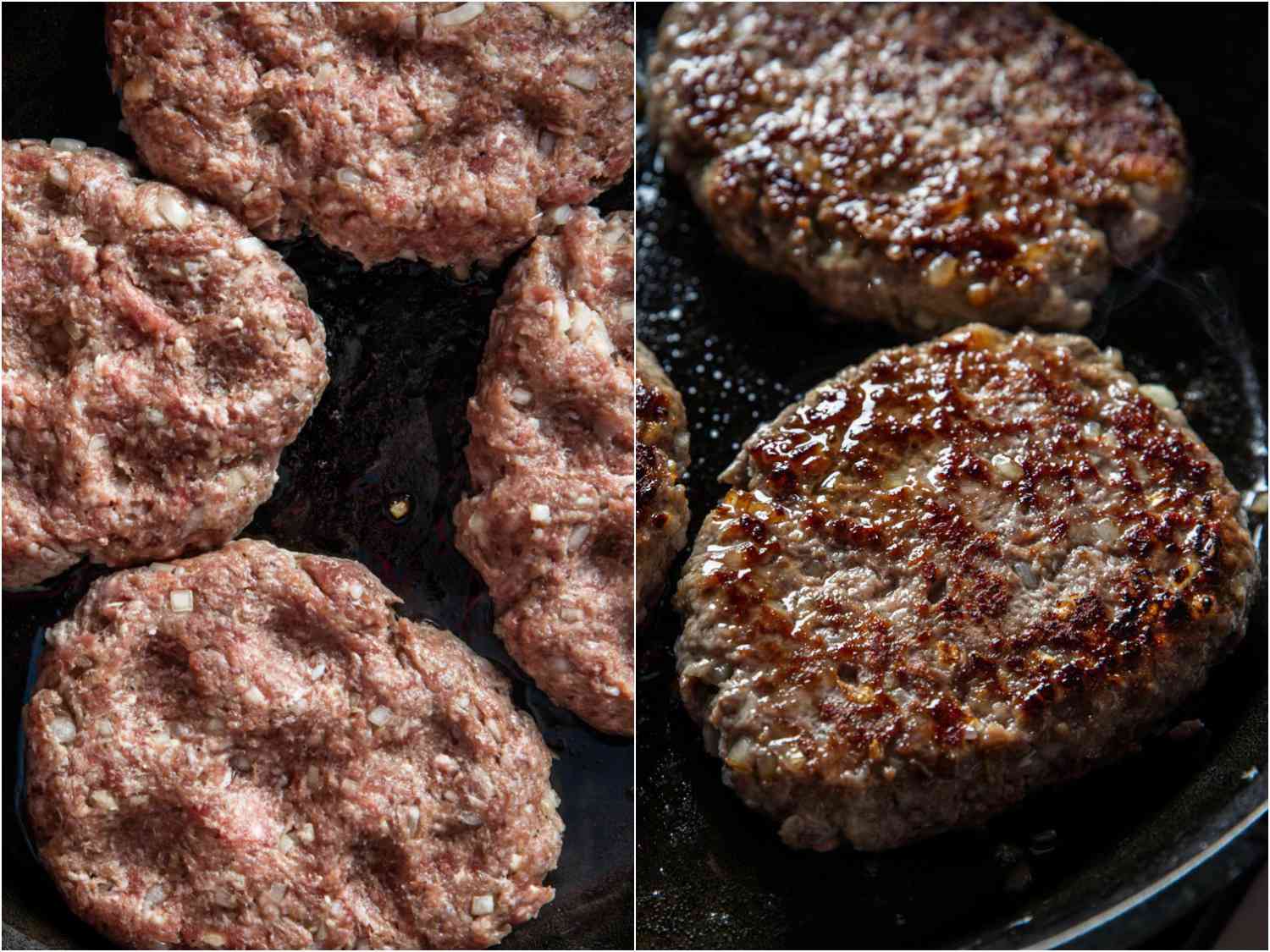 Close-up collage of the steaks pan-frying before and after they are flipped.