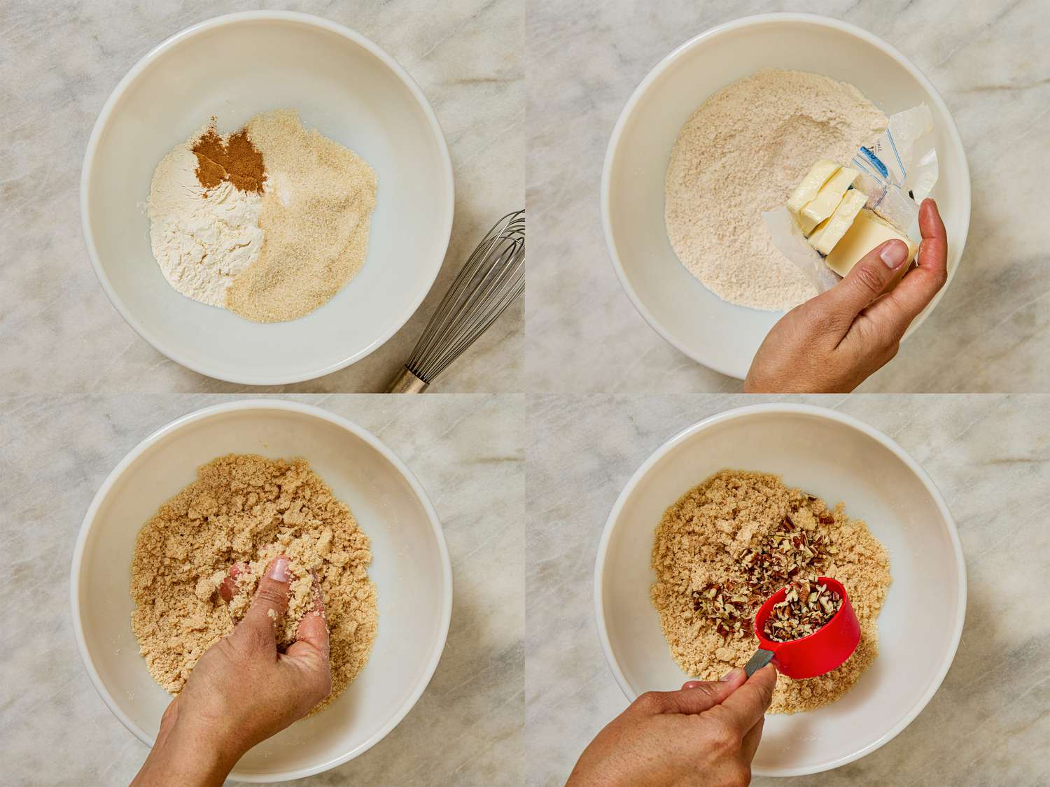 Stepbystep preparation of a baked apple topping with ingredients like flour butter and nuts shown in bowls during mixing