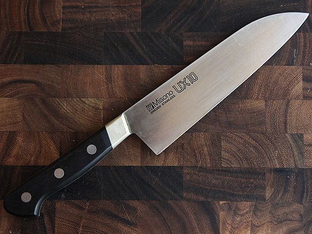 Misono knife on wooden countertop