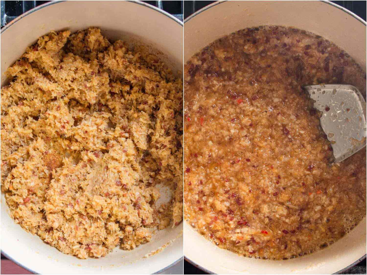 Comparison of two versions of XO sauce cooking in a Dutch oven; the left one is pasty and overprocessed as all of the ingredients are cooked at the same time. 