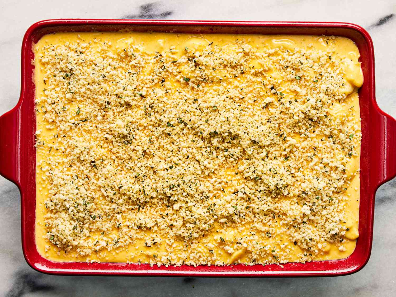 Overhead view of mac and cheese before being put into the over