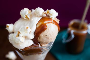 Closeup of a cajeta sundae.