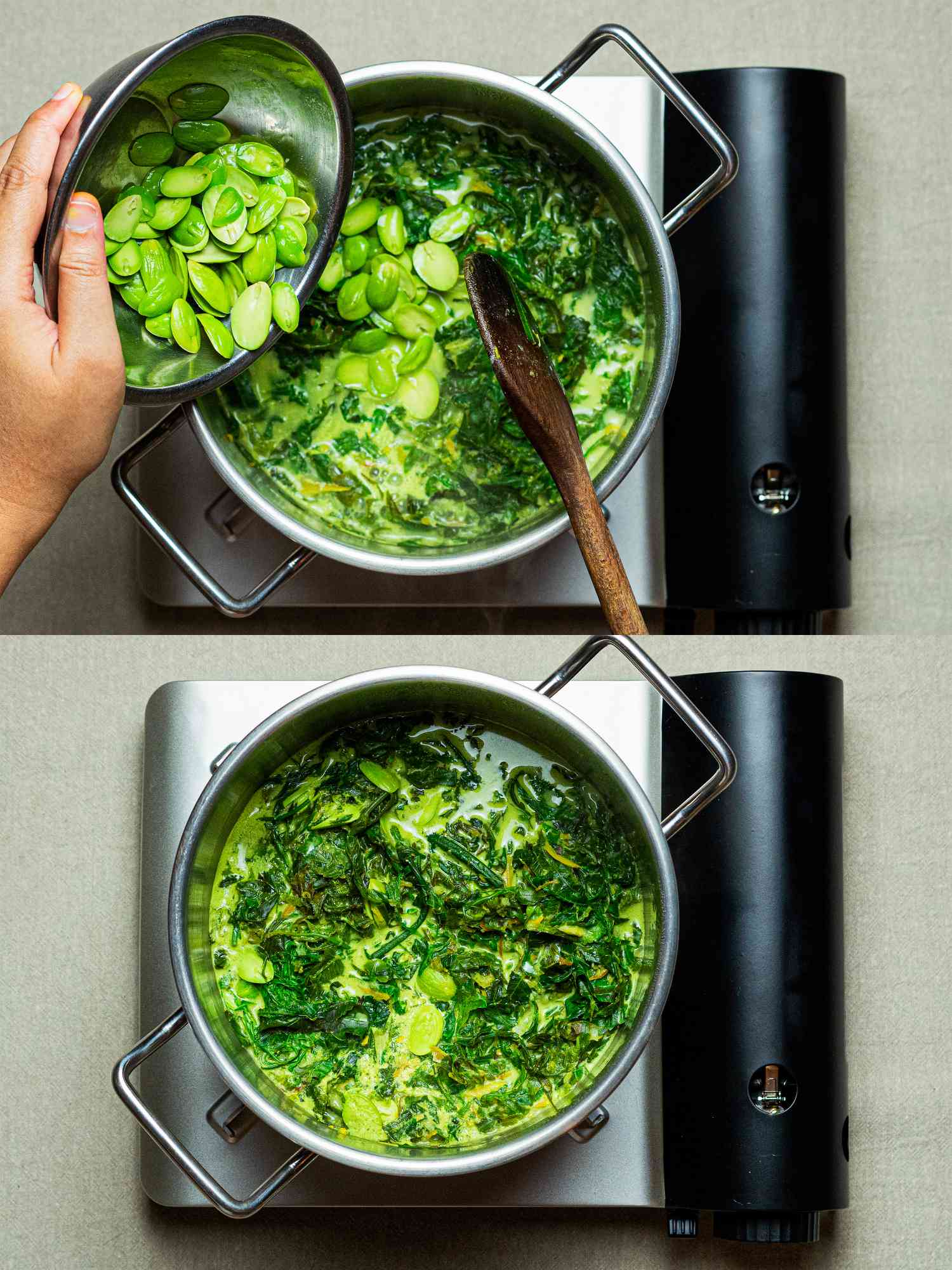 Adding fava beans to pot of fiddleheads in coconut milk.