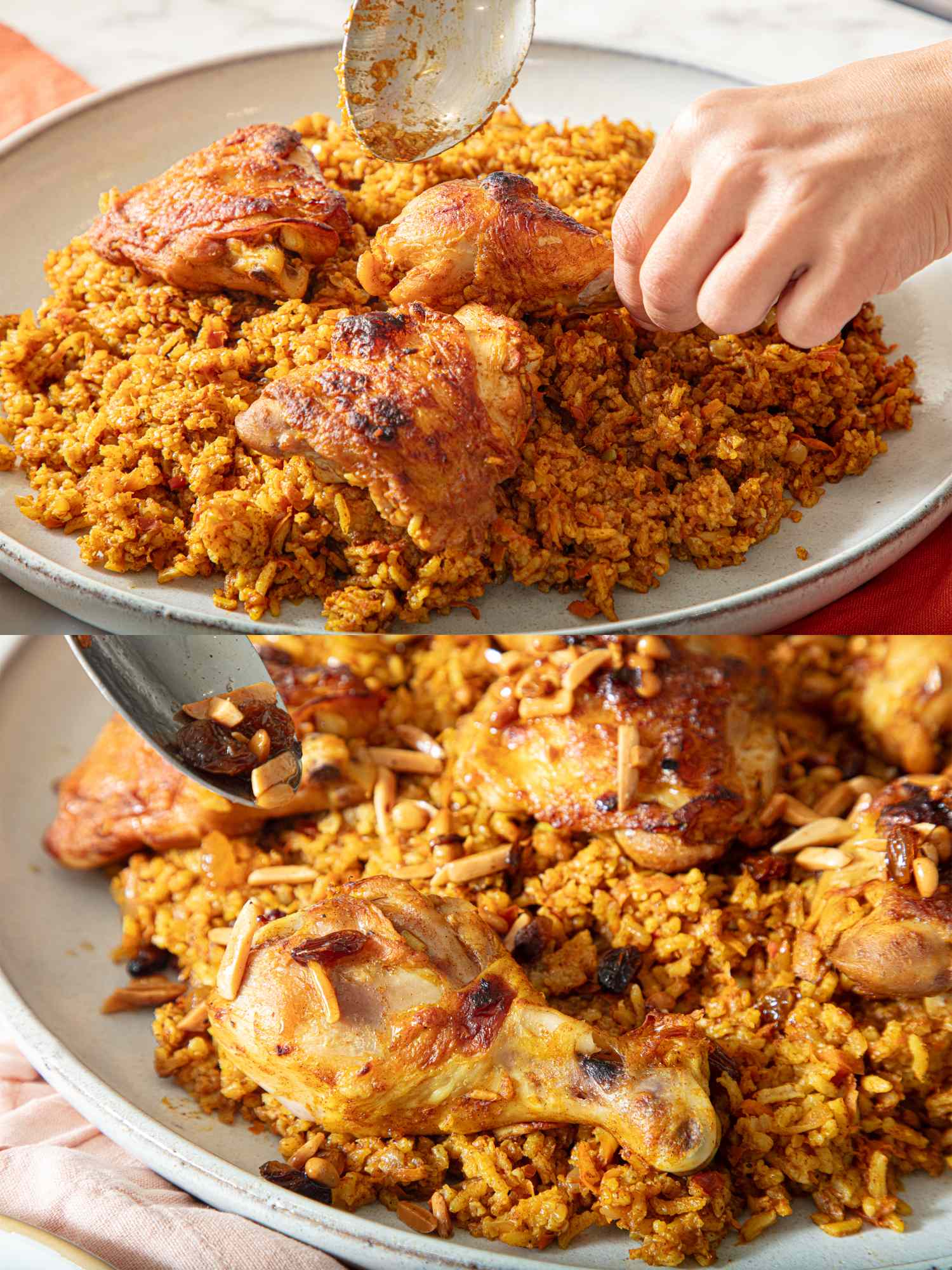 Plates featuring chicken placed over seasoned rice a hand serving using a utensil