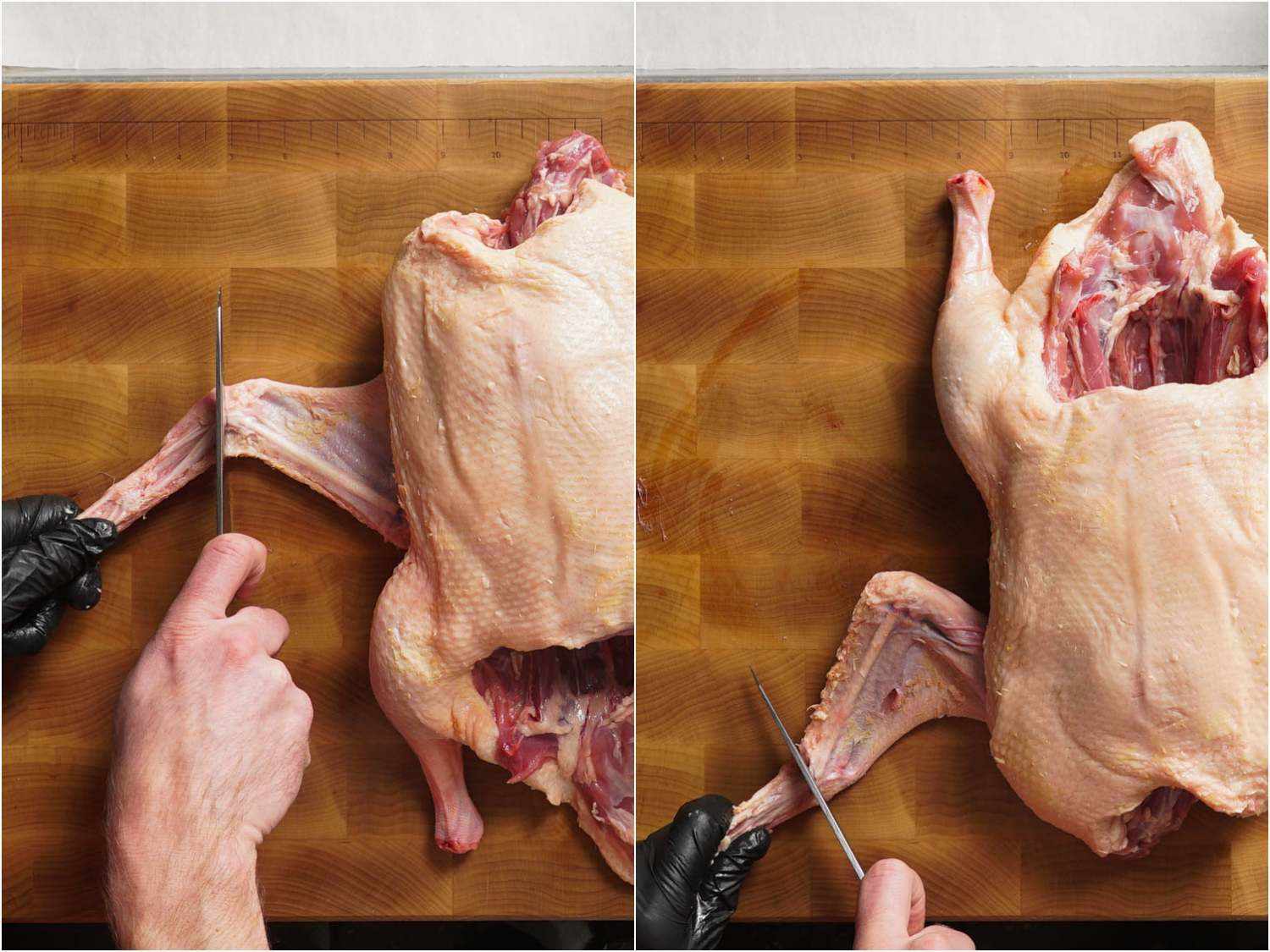 Removing wing tips from a duck with a knife.