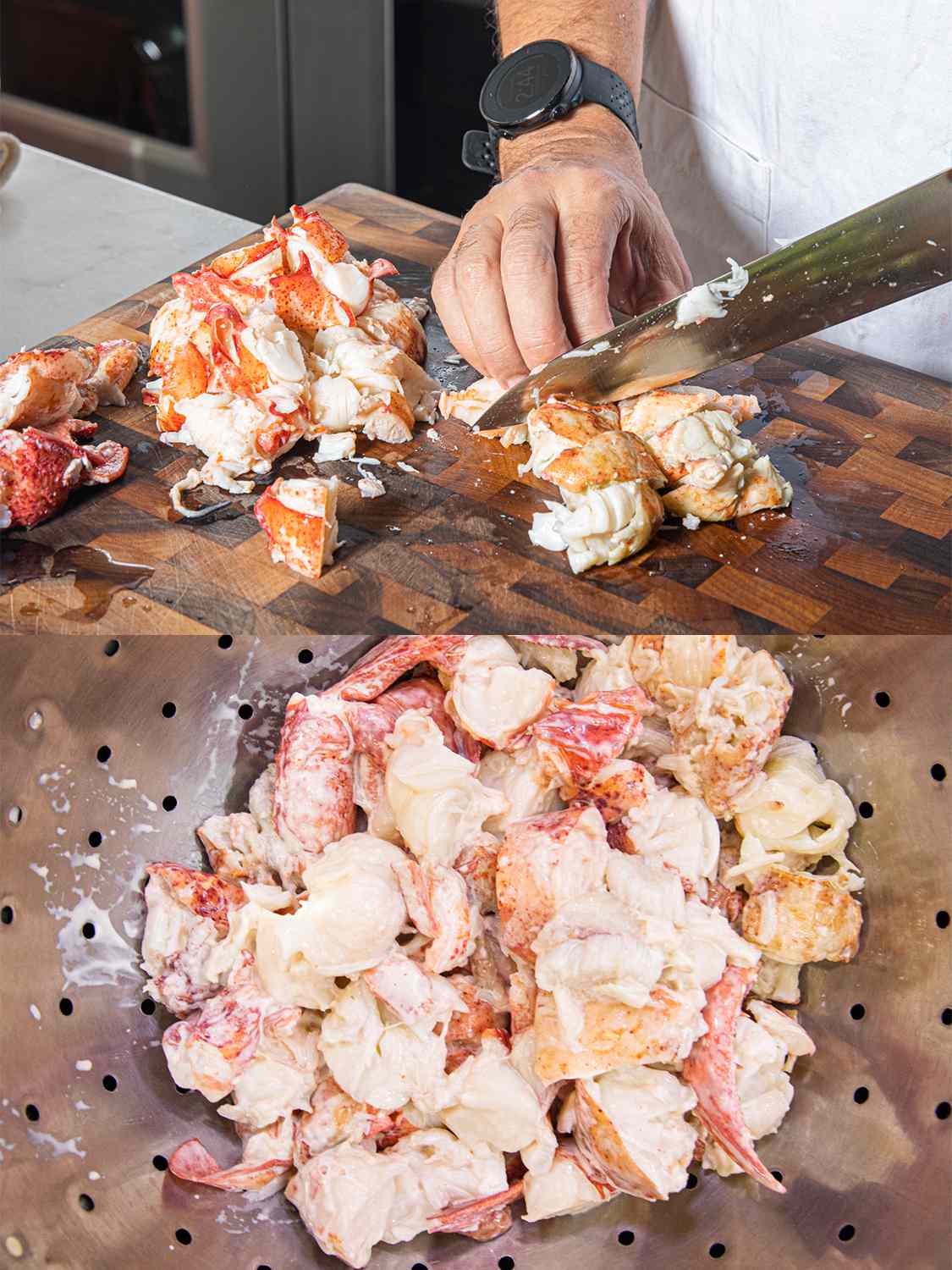 Two image collage. Top: Lobster meat being chopped up on a cutting board. Bottom: Chopped up lobster meat mixed with mayo in a strainer