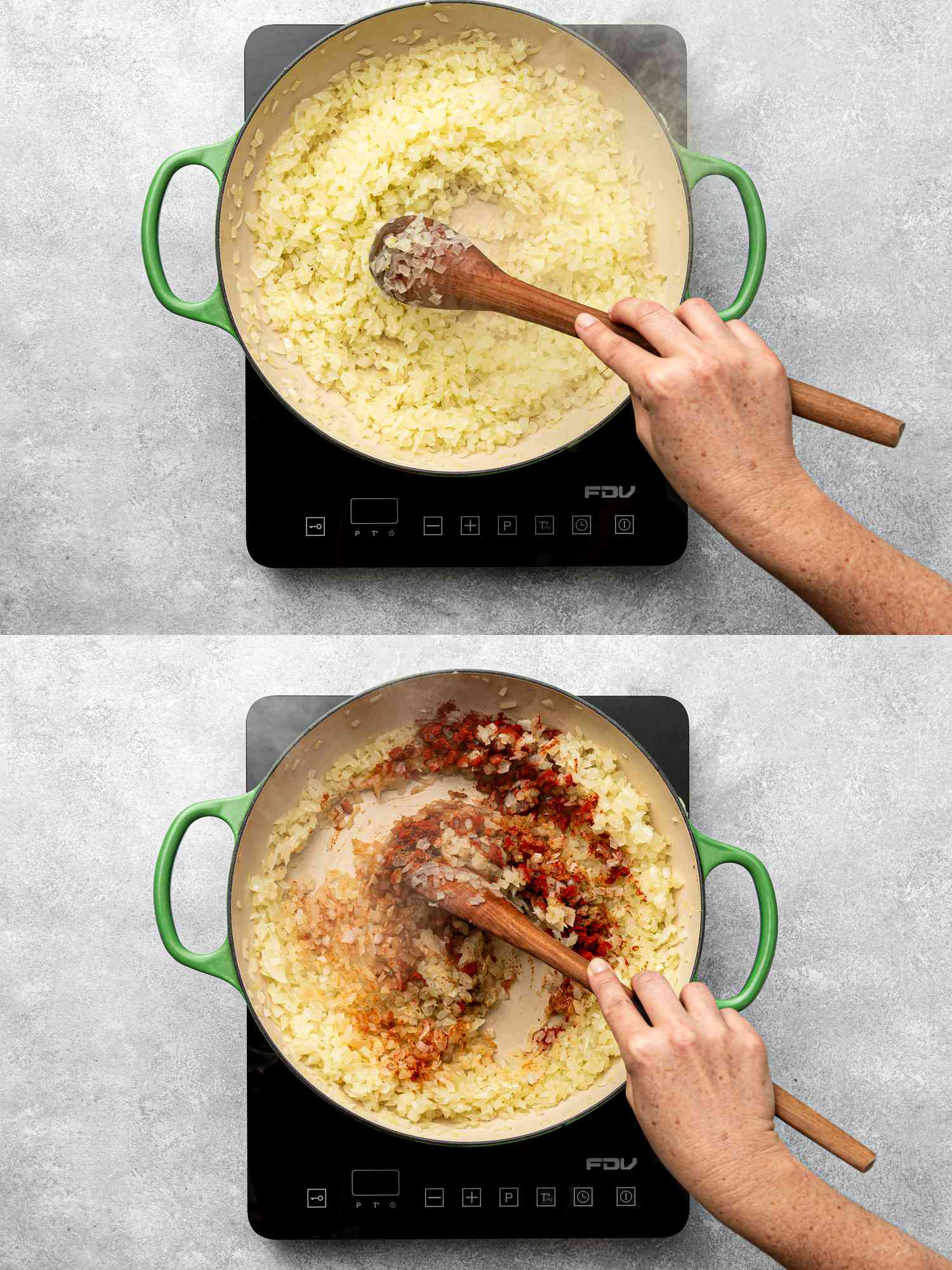 Cooking process for Chilean beef empanada filling, sautéing onions followed by adding spices on a stovetop, stirred with a wooden spoon.