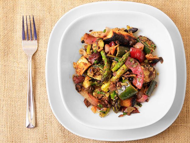Grilled Asparagus, Zucchini, and Bread Salad with Olive-Caper Dressing