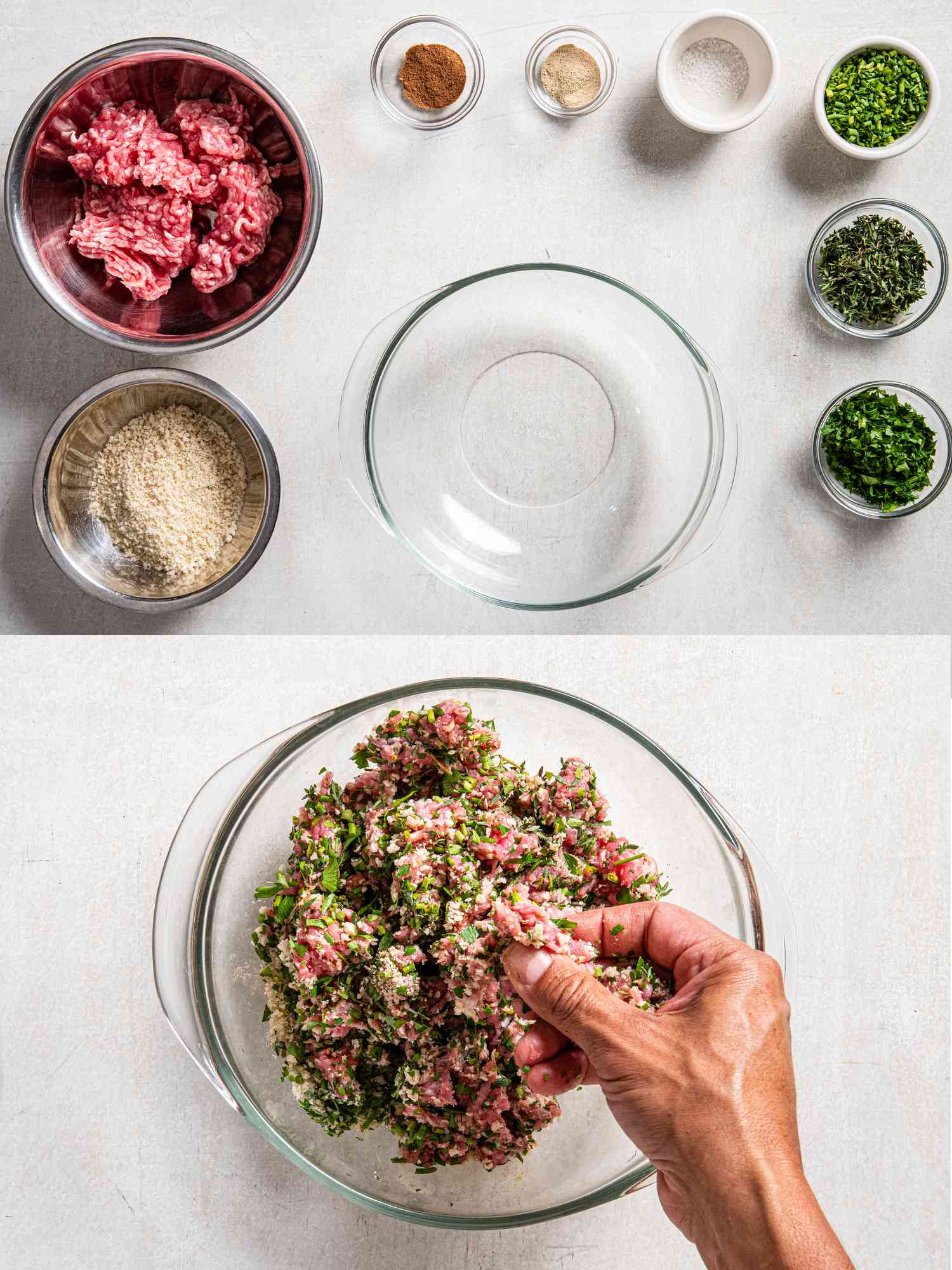 2 image Collage. Top: mise en place of panko, parsley, chives, thyme, nutmeg, salt, pepper and pork. Bottom: pork and herbs mixed together by hand in a bowl 