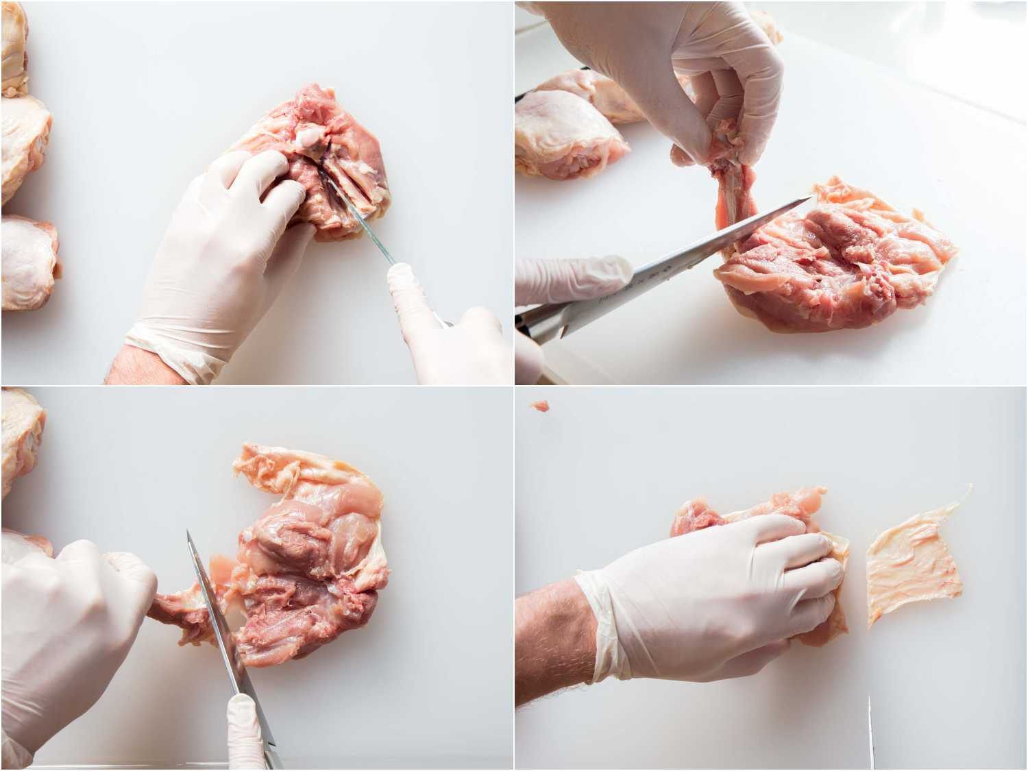 A collage of photos showing a person butchering chicken thighs
