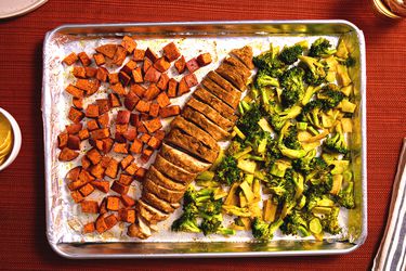 Overhead view of sheet pan dinner