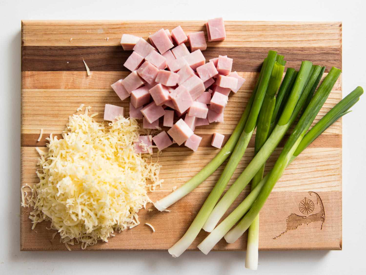 The ingredients that will make this scone special: diced ham, shredded cheese, and scallions.