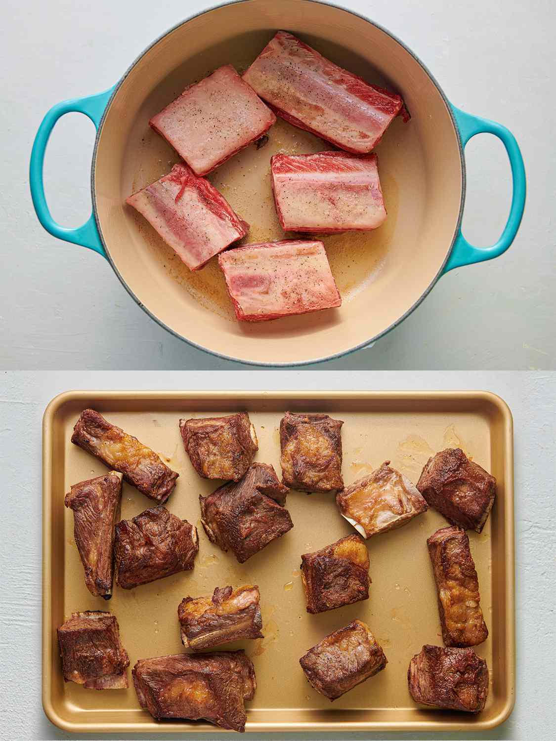 A two-image collage. The top image shows chunks of beef short rib added to hot oil inside of a Dutch oven. The bottom image shows the now-browned chunks of beef short rib resting on a sheet pan.