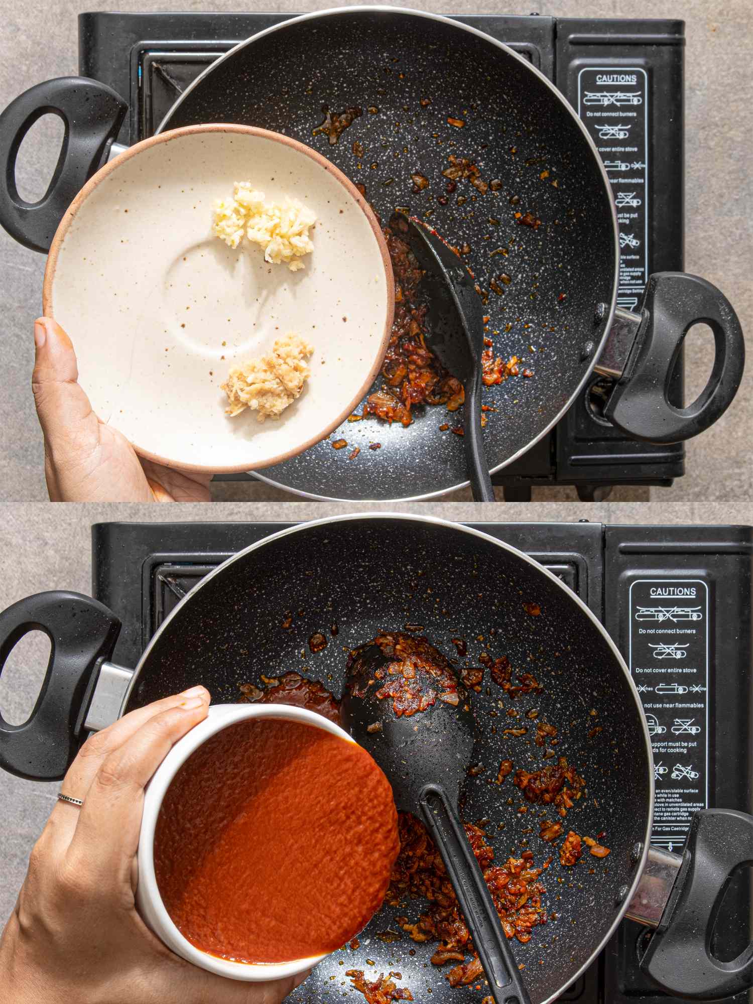 Food preparation steps for tofu tikka masala being cooked in a pan with added garlic paste and spice mix