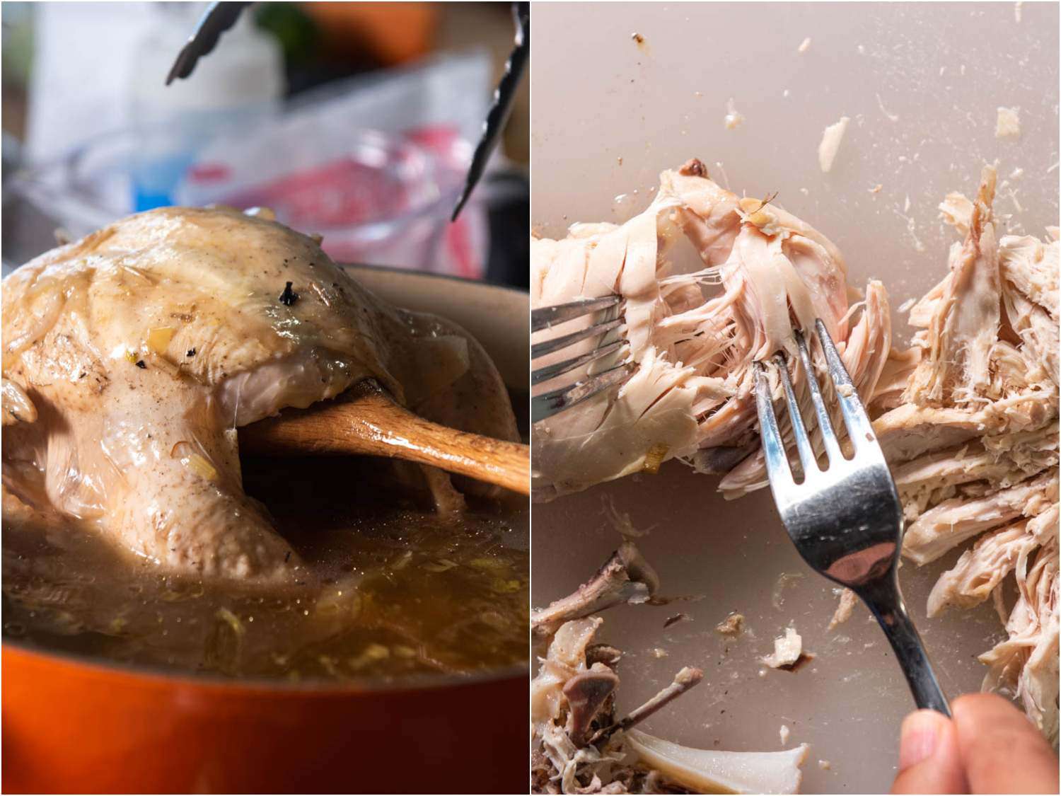 A 2-image collage: removing chicken from the broth and shredding the meat with a fork. 
