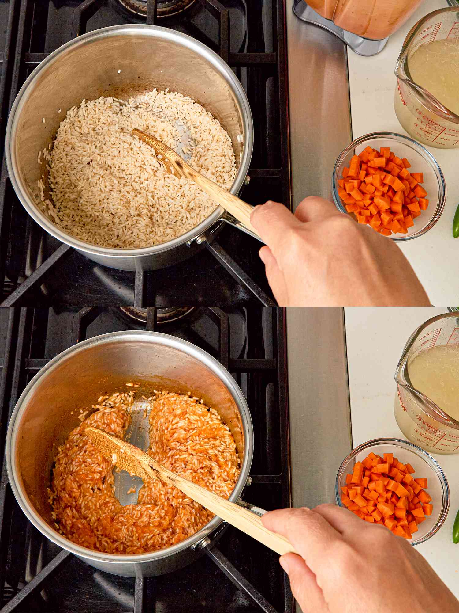 Overhead view of cooking rice